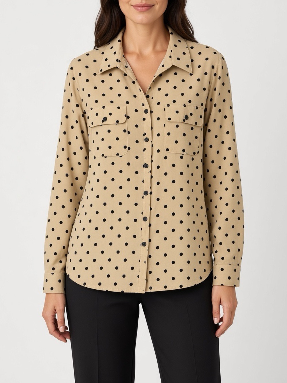 Kim Rogers Blouse Womens L Beige Tan Black Polka Dot Button Front Collared